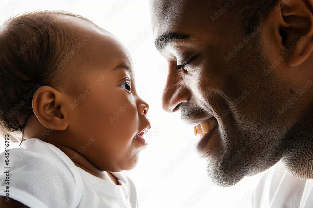 Close up of newborn baby and father, both smiling at each other, white background Close up of newborn baby and father, both smiling at each other, white background