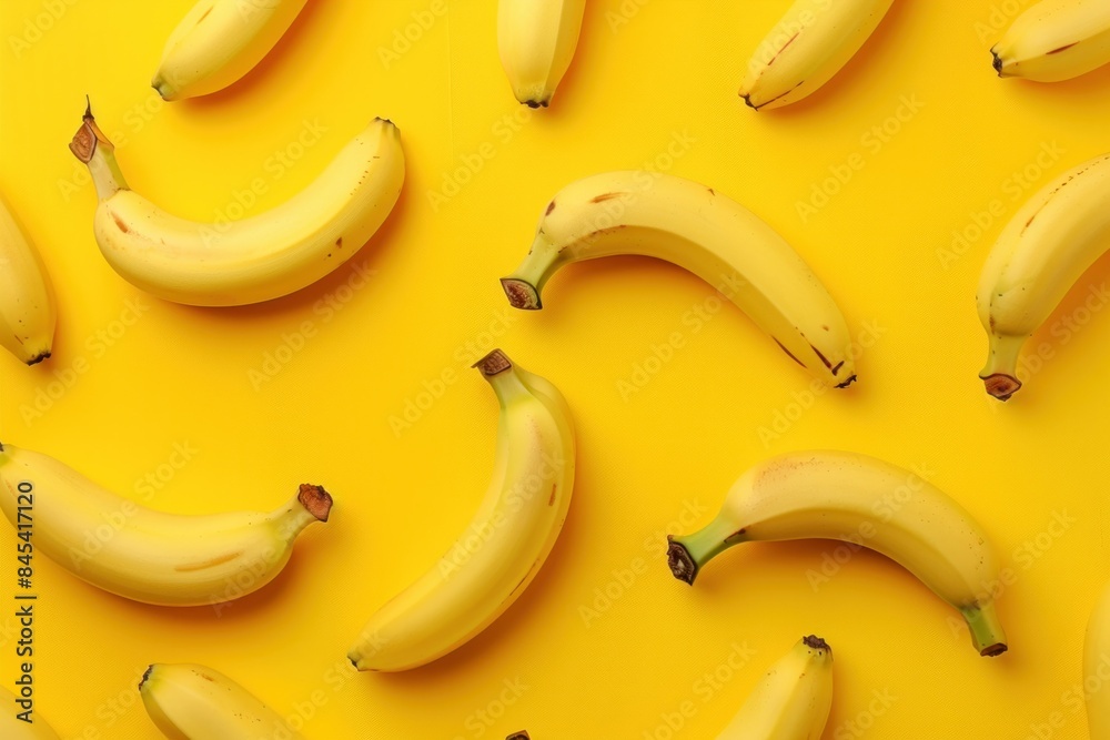 Ripe bananas on vibrant yellow background, top view flat lay for food and nutrition concept Ripe bananas on vibrant yellow background, top view flat lay for food and nutrition concept