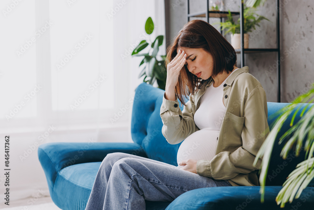 Side view young upset pregnant woman with belly she wear casual clothes put hand on head sit on blue sofa couch stay at home hotel flat spend time in living room indoor. Maternity pregnancy concept. Side view young upset pregnant woman with belly she wear casual clothes put hand on head sit on blue sofa couch stay at home hotel flat spend time in living room indoor. Maternity pregnancy concept.