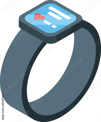 Modern smartwatch is displaying health data with a heart rate icon on a blue screen and a gray strap