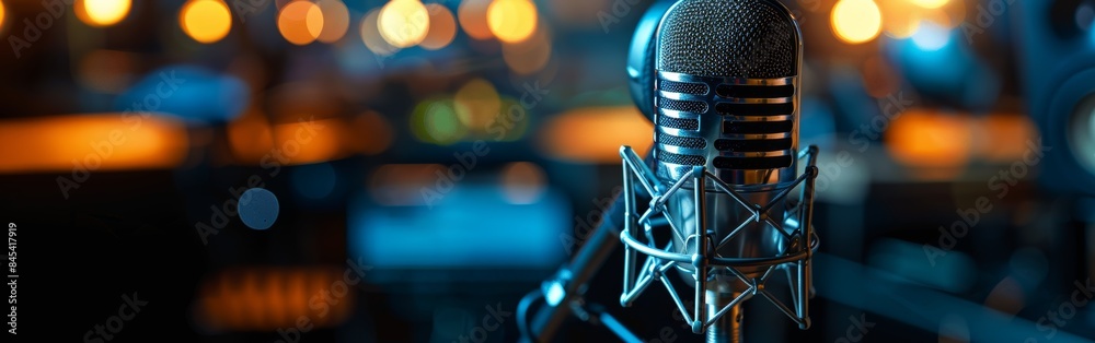 Modern Studio Microphone with Bright Background Lights in a Professional Recording Studio for High-Quality Audio Production Modern Studio Microphone with Bright Background Lights in a Professional Recording Studio for High-Quality Audio Production