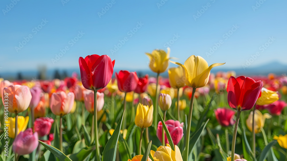 A picturesque scene of a field of blooming tulips, with a mix of vibrant colors like red, pink, and yellow, stretching into the horizon under a clear blue sky, capturing the essence of spring's renewa A picturesque scene of a field of blooming tulips, with a mix of vibrant colors like red, pink, and yellow, stretching into the horizon under a clear blue sky, capturing the essence of spring's renewa