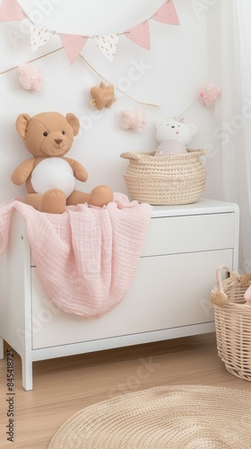 a white chest of drawers topped with pink and beige towels, a cute teddy bear, a wooden basket filled with toys, and a polka dot fabric garland of triangular flags on the wall.