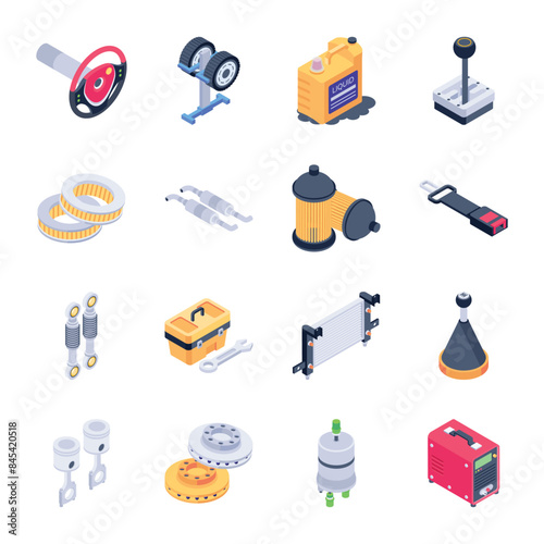 Modern Isometric Icons of Automotive Tools

