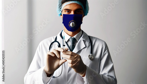 A doctor wearing a mask with the Kentucky flag, holding a syringe, symbolizing healthcare and national pride