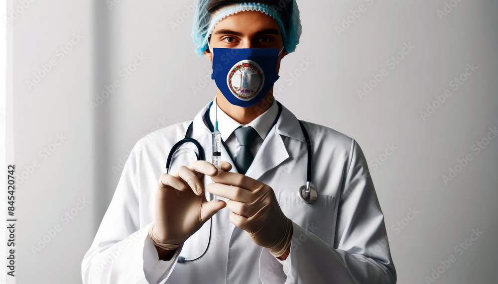 A doctor wearing a mask with the Virginia flag, holding a syringe, symbolizing healthcare and national pride A doctor wearing a mask with the Virginia flag, holding a syringe, symbolizing healthcare and national pride