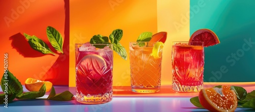Juicy glasses adorned with fresh leaves and fruit set against a vibrant background on the table.