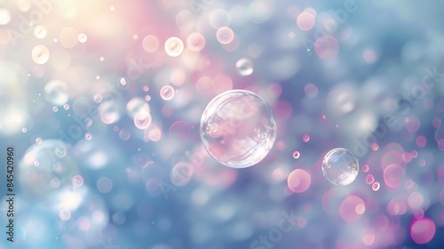 A dreamy abstract background with soap bubbles and a soft blue and pink glow.