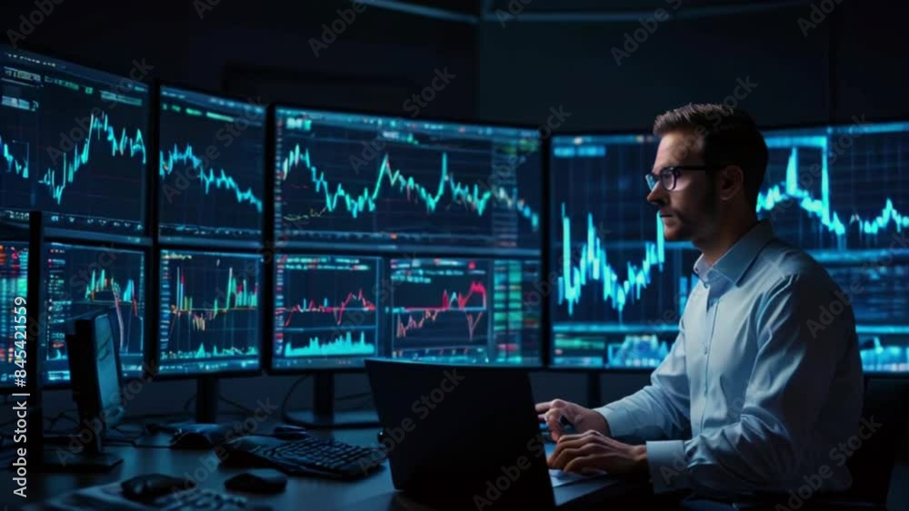 A man is sitting in a dark room looking at multiple computer screens with graphs and charts on them. A man is sitting in a dark room looking at multiple computer screens with graphs and charts on them.