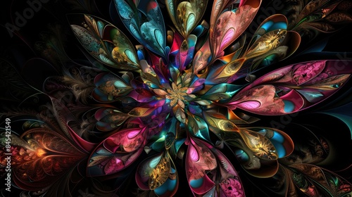 A colorful flower wallpaper made of beautiful vibrant petals, 3D artwork, abstract geometric pattern of mandala. Generative AI