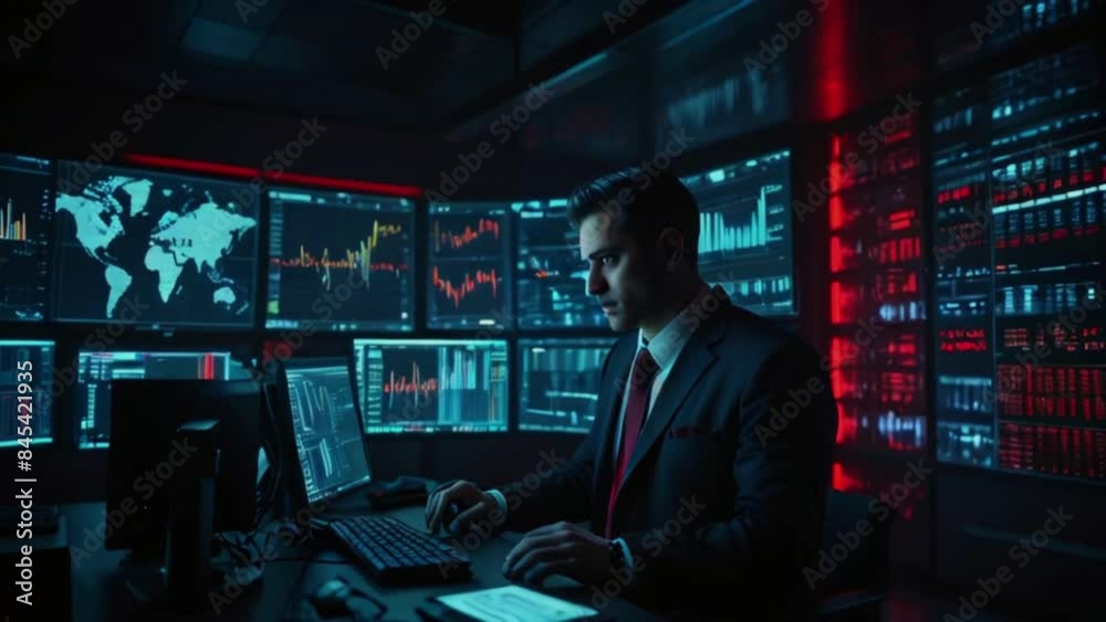 A man in a suit is sitting at a computer in a dark room. There are multiple monitors around him displaying graphs and data. A man in a suit is sitting at a computer in a dark room. There are multiple monitors around him displaying graphs and data.