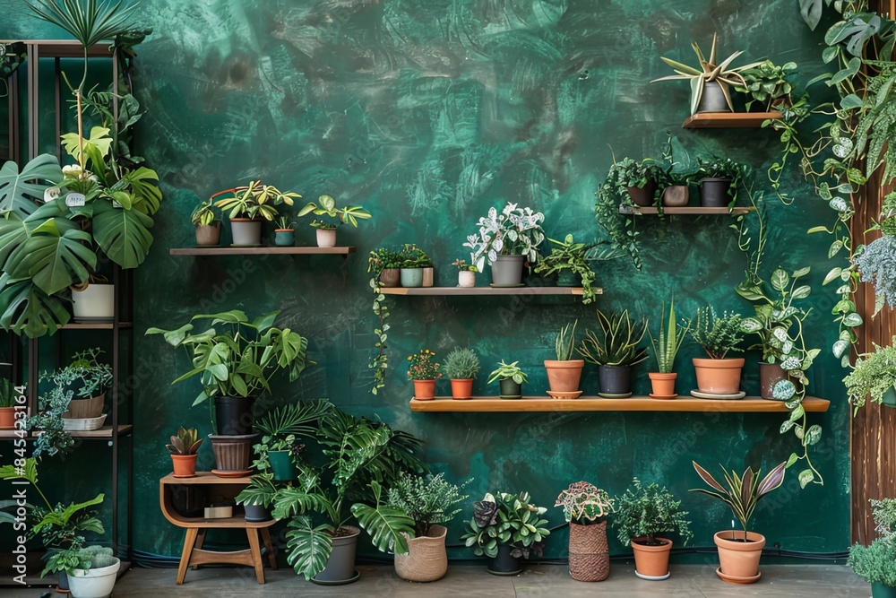 Indoor Oasis: A Variety of Potted Plants on Wooden Stands Against an Emerald Green Wall Indoor Oasis: A Variety of Potted Plants on Wooden Stands Against an Emerald Green Wall