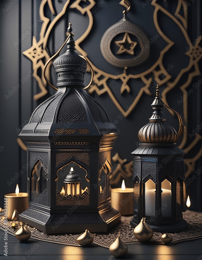Illustration of Eid al-Adha and Eid Mubarak calligraphy featuring a 3D mosque and lantern on a black and gold background Illustration of Eid al-Adha and Eid Mubarak calligraphy featuring a 3D mosque and lantern on a black and gold background