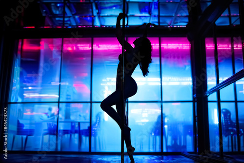Woman, dancer and stage with neon lights for tease or sexy performance in Thai nightclub. Female person, seductive outfit and purple spotlight for birthday celebration and party at strip club.