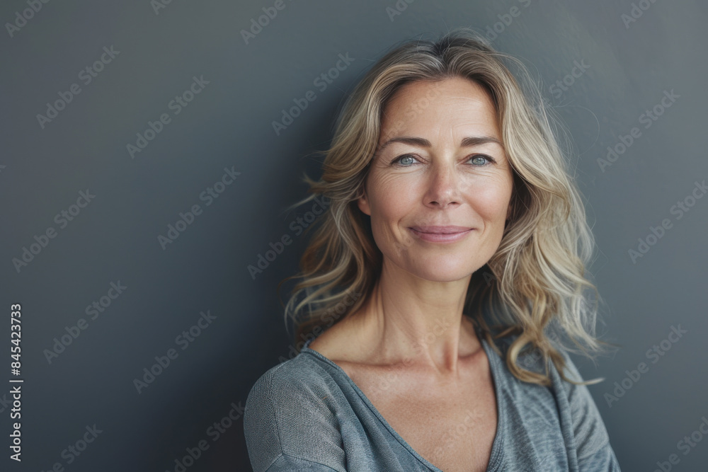 A close up portrait of a woman with a subtle smile A close up portrait of a woman with a subtle smile