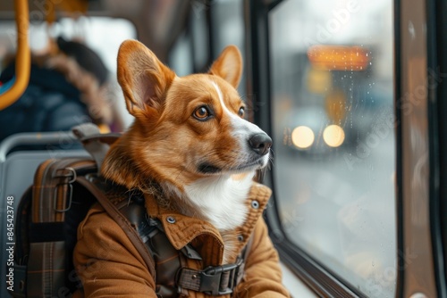 A dog is sitting in a bus with a backpack on its back