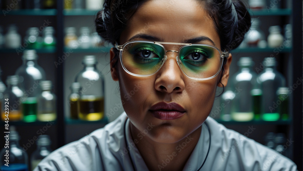 Dedicated female scientist experimenting with molecule models and DNA, leading to breakthroughs in medical science and the study of human biology Dedicated female scientist experimenting with molecule models and DNA, leading to breakthroughs in medical science and the study of human biology
