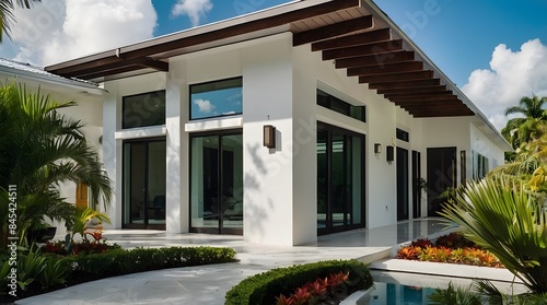 A modern villa exterior with a sleek and contemporary design with clean lines and large windows in Florida. Tropical landscaping with palm trees, colorful flowers, and lawns, 3D render