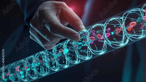 Medical specialist analyzing dna and capsule pill effectiveness via holographic interface, advancing healthcare diagnostics.