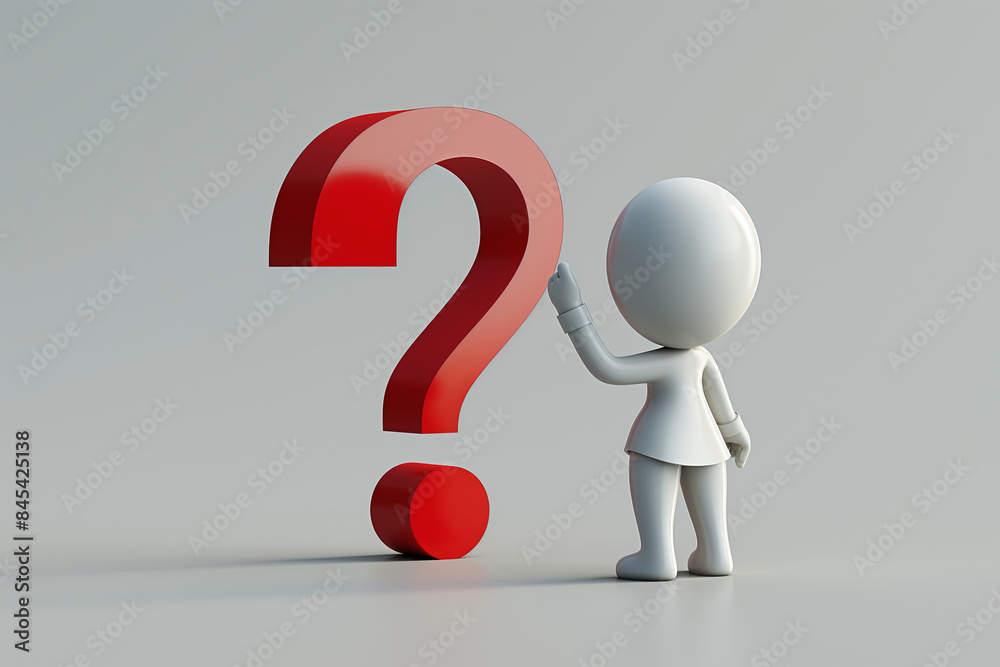 3D character posing with a question mark, symbolizing curiosity, seeking solutions, and uncertainty 3D character posing with a question mark, symbolizing curiosity, seeking solutions, and uncertainty