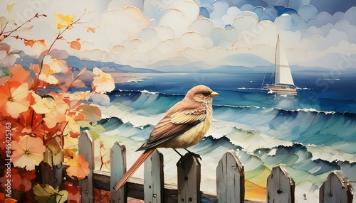 Bird, boats, sea and wave on fence on beach