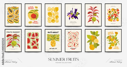Abstract fruits posters template. Modern trendy Matisse minimal style. Exotic Healthy Food. Hand drawn design for wallpaper, wall decor, print, postcard, cover, template, banner.