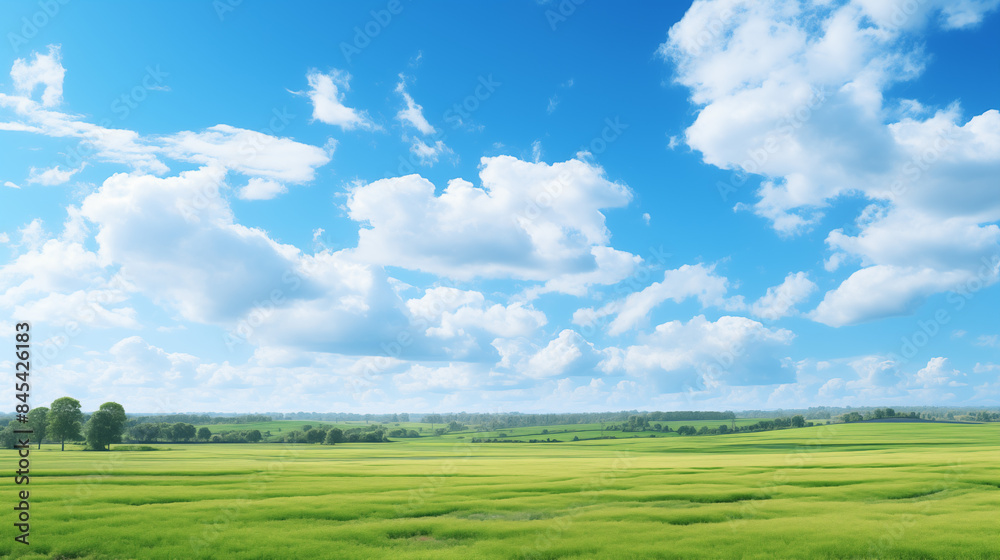 Fototapeta premium Expansive Green Fields with Fluffy White Clouds