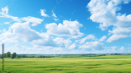 Expansive Green Fields with Fluffy White Clouds