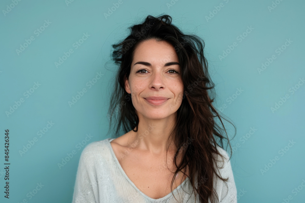 A close up portrait of a woman with a subtle smile A close up portrait of a woman with a subtle smile