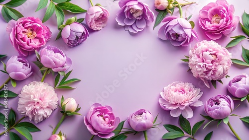 Wallpaper Mural A frame with beautiful peony flowers on a pastel purple background. The layout of the apartment, top view, a place to copy, summer flowers. Torontodigital.ca