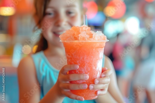 Smiling girl enjoying a vibrant orange slushie in a lively arcade setting photo