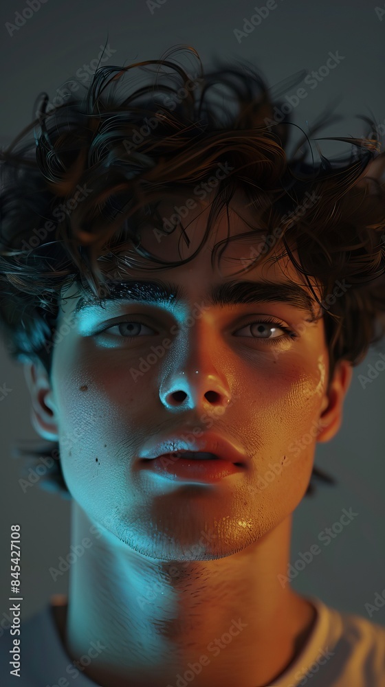 Moody Portrait of Young Man with Messy Hair and Dramatic Lighting in Dark Background