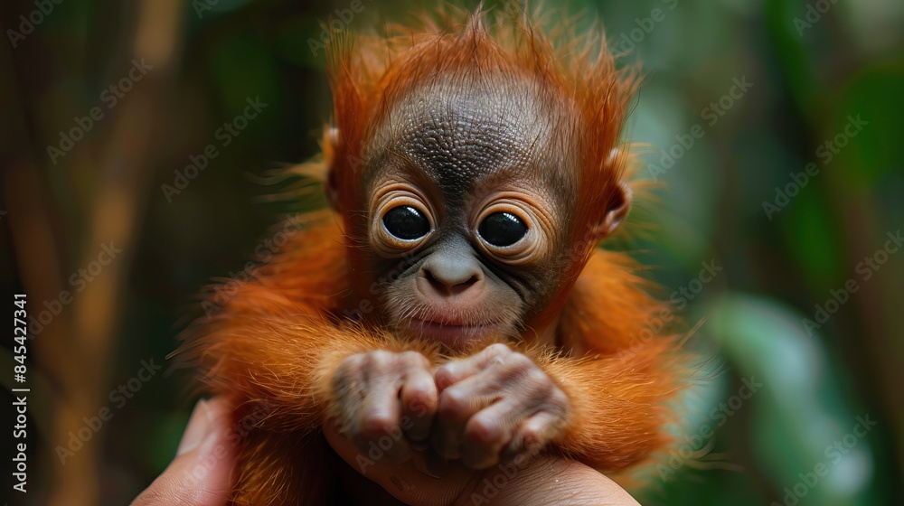 Adorable Baby Orangutan with Bright Eyes in Gentle Hands Adorable Baby Orangutan with Bright Eyes in Gentle Hands