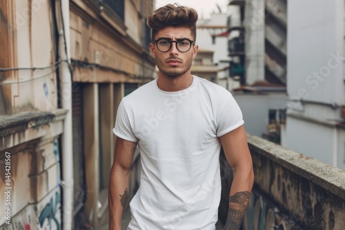 Hipster male model in white t shirt and glasses.