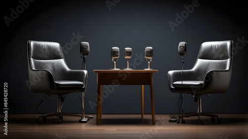As a broad banner for media discussions or podcast streamers conceptions with copyspace, two chairs and microphones in an interview or podcast room isolated on a dark background © Shehzad