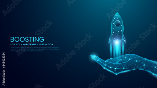 Digital Rocket Boost Concept. Hand Holding a Rocket in Low Poly Wireframe Vector Illustration on Technological Blue Background. 