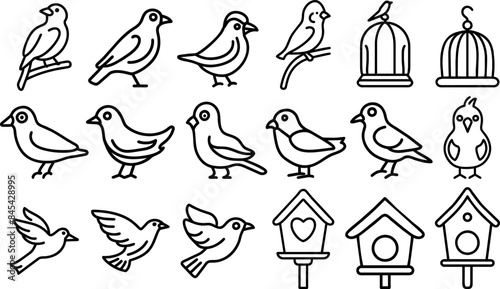 Birds, bird houses and cage vector icons set