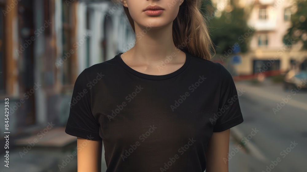 Sleek Elegance, Black T-Shirt Mockup on Slender Female Model Sleek Elegance, Black T-Shirt Mockup on Slender Female Model