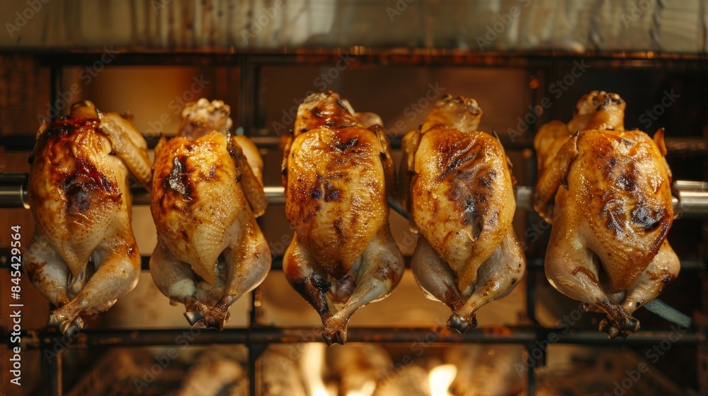 Naklejka premium Roasted chicken in a row turning at industrial roaster