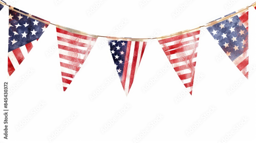 Triangular USA flag bunting hanging on string, festive decoration Triangular USA flag bunting hanging on string, festive decoration