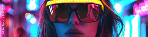 A woman with long dark hair is wearing dark sunglasses with neon yellow lights on the frame. She is standing in front of a blurry background of neon lights © sommersby
