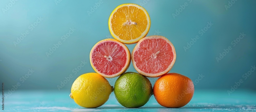 Balancing citrus fruits on the table. Pyramid of citrus fruits: grapefruit, lime, orange, lemon on a blue background.. Balancing citrus fruits on the table. Pyramid of citrus fruits: grapefruit, lime, orange, lemon on a blue background..