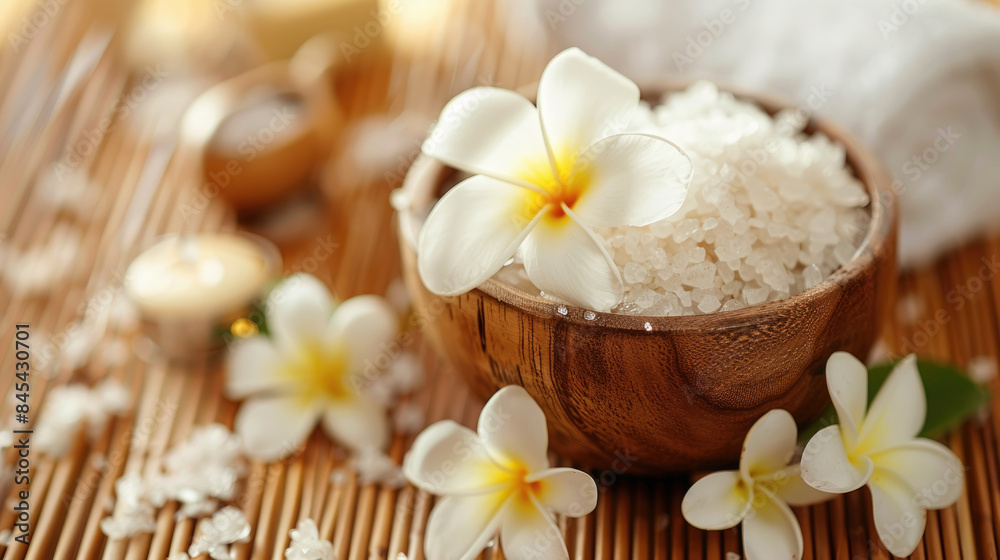 A close-up of a wooden bowl filled with white sea salt and adorned with delicate white flowers A close-up of a wooden bowl filled with white sea salt and adorned with delicate white flowers
