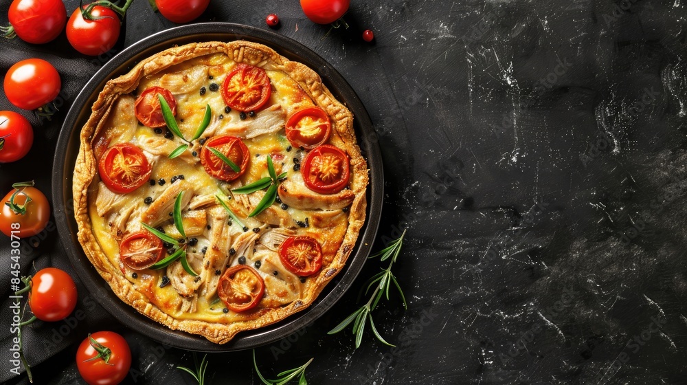 Chicken and tomatoes quiche with cheese in French style Focus on top view with room for text Chicken and tomatoes quiche with cheese in French style Focus on top view with room for text