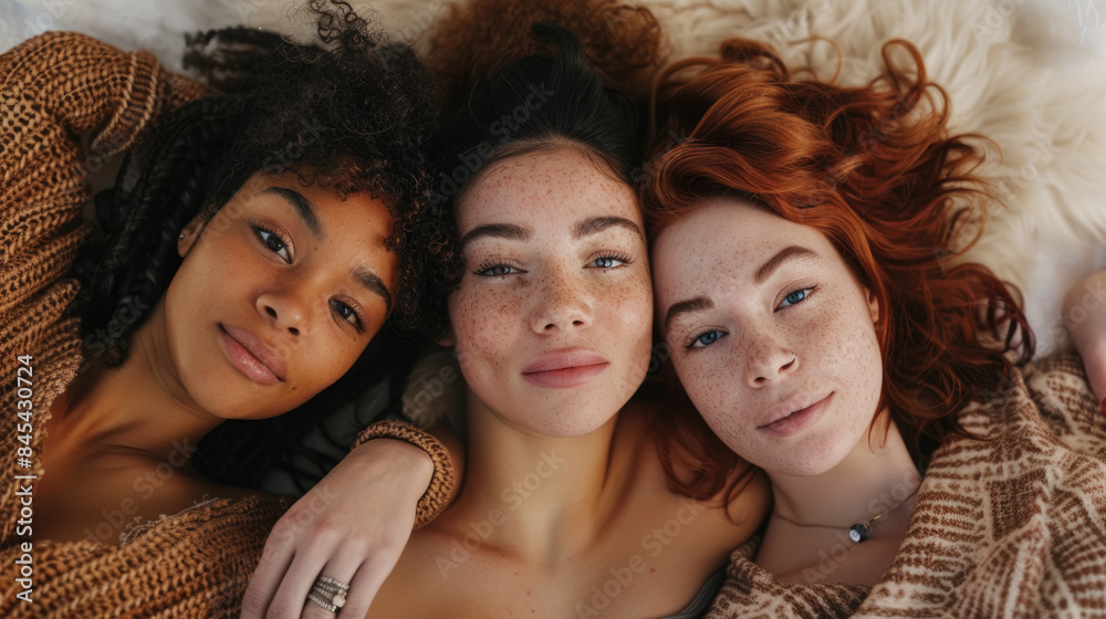 Three women of different ethnicities lie together in bed, smiling at the camera