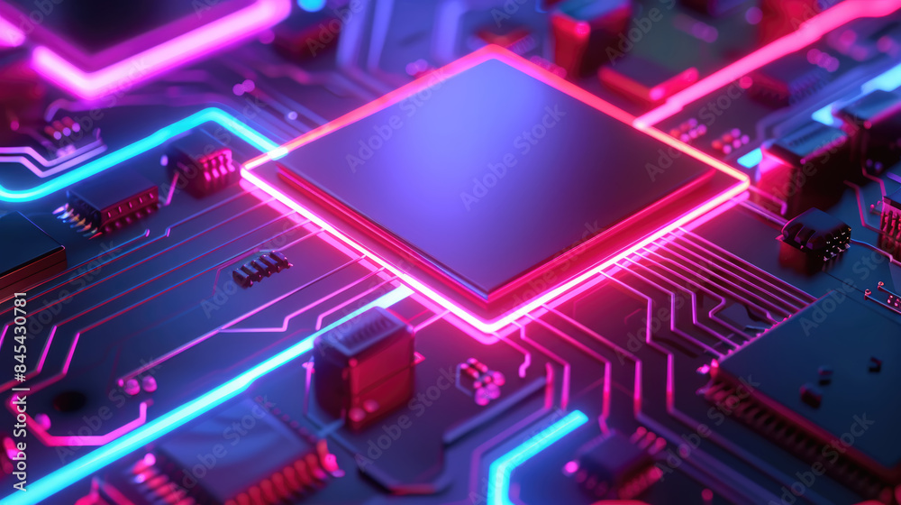 A close-up view of a circuit board with neon pink and blue lights, highlighting the processor chip A close-up view of a circuit board with neon pink and blue lights, highlighting the processor chip