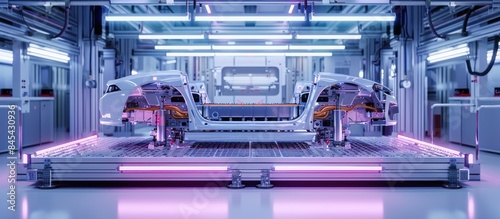 Automation automobile factory concept with 3d rendering robot assembly line with electric car battery cells module on platform.