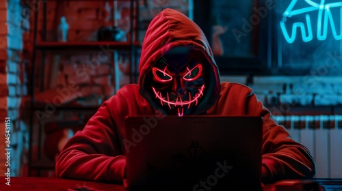 Hacker in a neon mask. Cyber criminal with laptop. Cyber crime, hacker activity, digital system security, cyber attack threat, malware virus alert concept, fraud money, ddos attack.