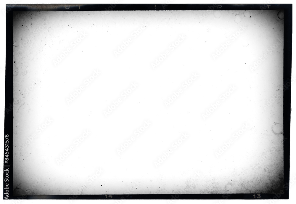 Vintage photo film frame of an old camera with vignetting, dusts and splatters on transparent background, numbers and bezel on film.