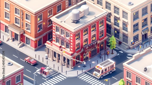Isometric city scene featuring a prominent fire department building icon vector image photo